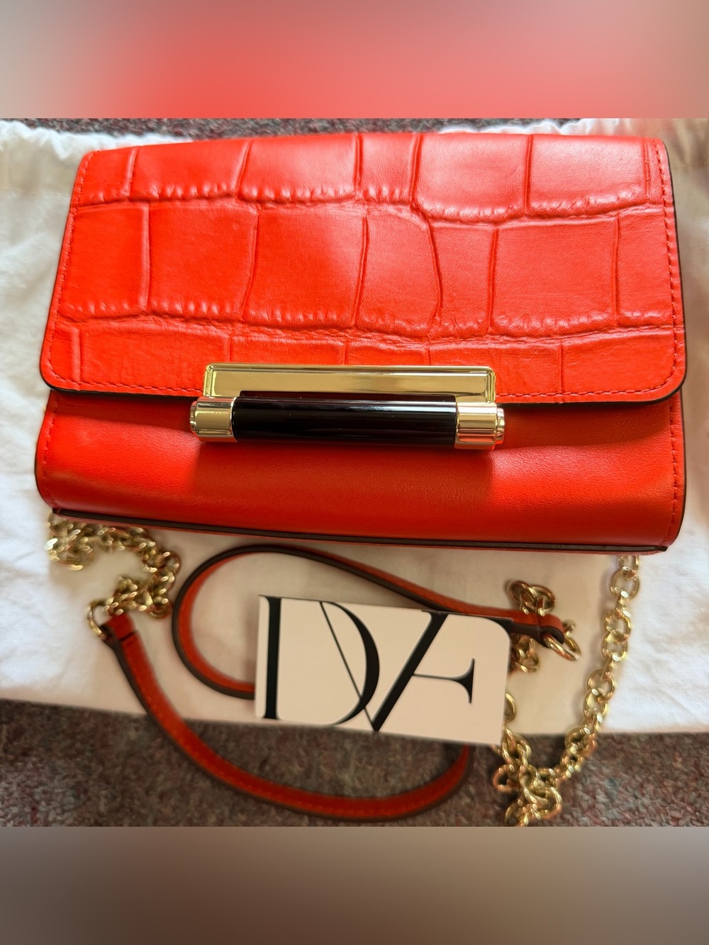 Diane Von Furstenberg Red Croc-Embossed Crossbody with Gold Hardware